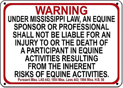 MISSISSIPPI Equine Sign Activity Liability Warning Statute Horse Barn Stable • $8.95