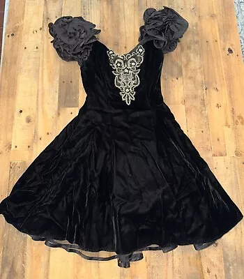 Vintage Betsy & Adam 80s Prom Dress Puff Shoulder Embellished Velvet Tulle Skirt • $75