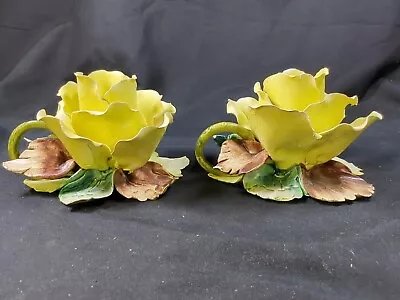 Pair Capodimonte Yellow Magnolia Rose Candle Holders Handles Colored Leaves 1965 • £28.93