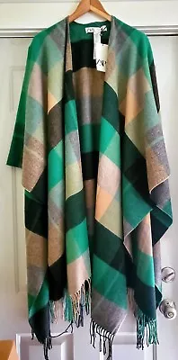 Zara Wool-Blend Fringed Green Check Cape Poncho - NEW WITH TAGS • $85