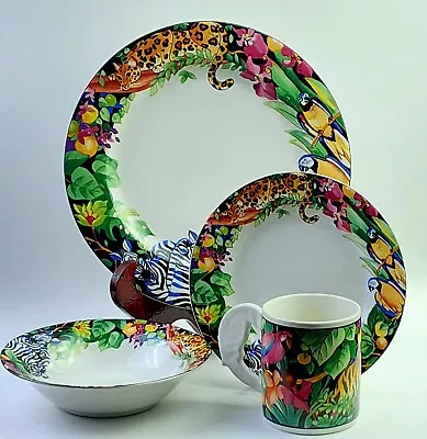 VITROMASTER Rain Forest 4 Piece Place Setting Sue Zipkin Animals/Floral Border • $49.50