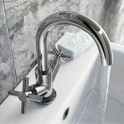 £24.97 • Buy Bathroom Mono Basin Sink Mixer Tap Modern Cross Head Handle Chrome Curved Spout