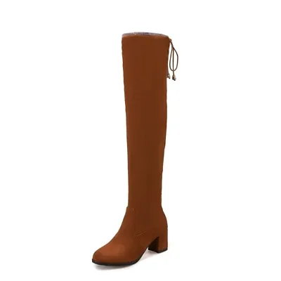 Casual Ladies Moccasin Lace-Up Shoes Pure Color Thick Heel Over Knee Thigh Boots • $48.85