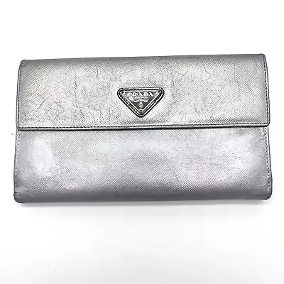 PRADA Logo Silver Leather Long Bifold Wallet  Auth • $65.99