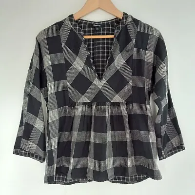 Madewell Top Shirt Women's Size XS Black White Flannel Plaid Long Sleeve Pleated • $8.49