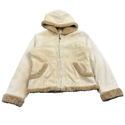 Vintage Y2K Mudd Juniors Large Jacket Tan Corduroy Fur Trim Zip Coat • $35.96