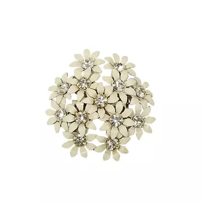 Vintage Brooch White Painted Daisies Bouquet Flowers Clear Prong Set Rhinestones • $7.99