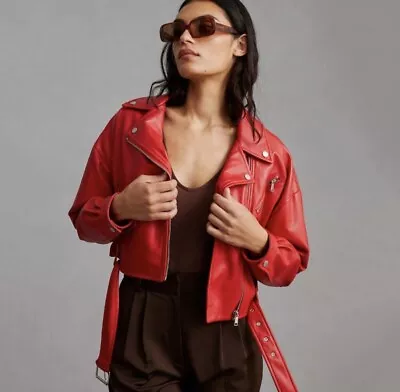 AVEC LES FILLES Oversized Crop Moto Faux Leather Jacket Lipstick SMALL NWT • $83.94