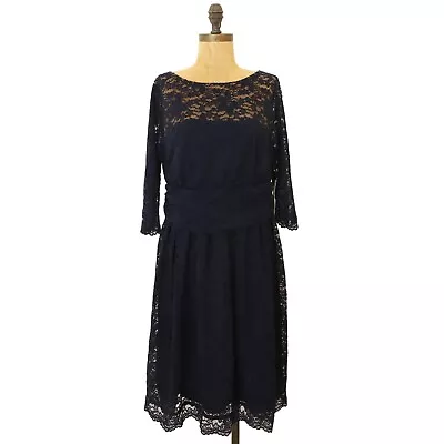 Kiyonna Luna Fit & Flare Lace Dress Plus 0X Knee Length 3/4 Sleeve Navy NEW B29 • $39.99
