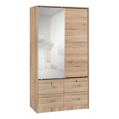 Better Home Products Sarah Double Sliding Door Armoire With Mirror Natural Oak • $313.51