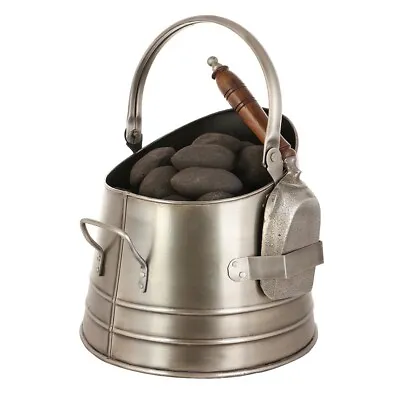 Silver Coal Bucket Kindling Log Fire Fuel Scuttle Shovel Holder Fireplace Decor • £35.99