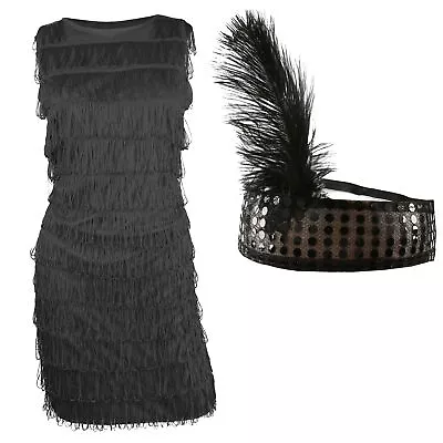 Girls Black Flapper Dress And Headpiece 1920's Fancy Dress Charleston Costume • £18.99