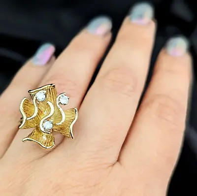 1960s Vintage Diamond 14k Yellow Gold Cocktail Ring Floral Estate Statement Gift • $1298