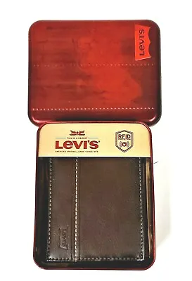 New Levi's Dark Brown Leatherstitchesrfidbi-fold Men's Wallet With Tin Box • £43.79