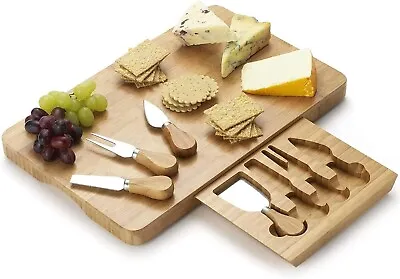 Bamboo Wooden Cheese Board And Knife Set With Integrated Drawer - Gift Boxed • £28.99