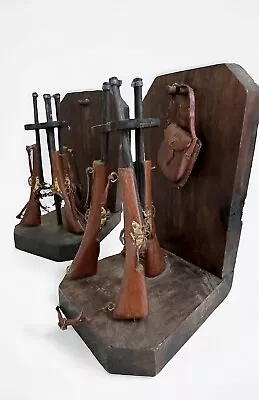 Handmade Wood Matchlock Bookends Decor Musket Pouch 8” Vintage Carved Hand Craft • $118.88