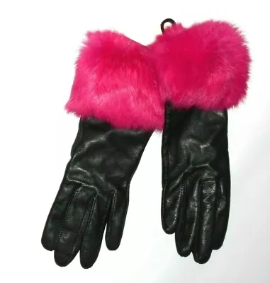 Aqua Women's Rabbit Fur Cuff Black Leather Tech Gloves Size 6.5 Nwt  • $62.65