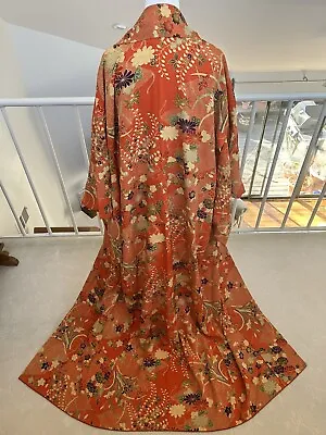 Vintage Japanese Kimono Silk Robe Floral Japan Orange Wafu Handmade Rare Flower • $70