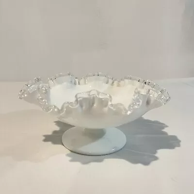 Vintage Fenton Silver Crested Milk Glass Footed Candy Dish With Ruffled Edge • $7.52