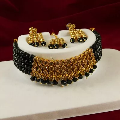 Asian Wedding Necklace Choker Earrings Maang Tikka Ethnic Fashion Jewelry Set • $16.28