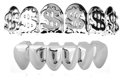 Custom Silver Plated Mouth Teeth Grills Grillz Set Pimp Cash Money Dollar Sign $ • $13.99
