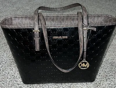 Michael Kors Jet Set Tote #38F3GJ6T6A Embossed Leather LOGO Print Black • $129.99