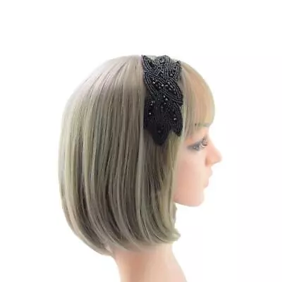 1920s Great Gatsby Black White Navy Gold Beaded Leaf Flapper Hairpiece Headband • £8.29