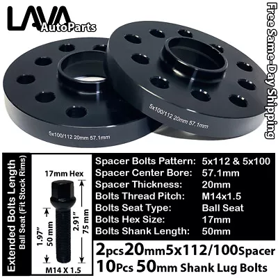 $61.19 • Buy 2PC 20MM THICK 5X112 & 5x100 57.1MM C.B WHEEL SPACER +14x1.5 BOLT FIT VOLKSWAGEN