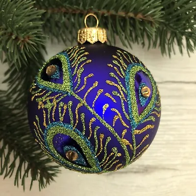 Peacock Feather Blue Christmas Glass Ball Ornament Bauble Made In Ukraine 3  • $18.95