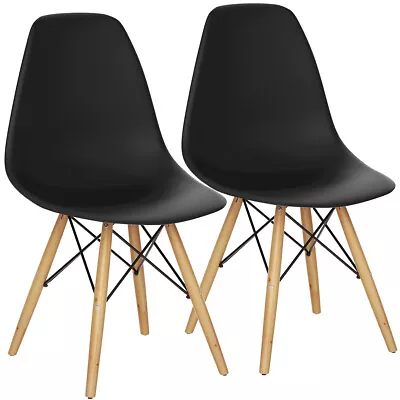 Set Of 2 Dining Chairs Mid Century Modern Wooden Legs Kitchen Living Room Black • $74.98