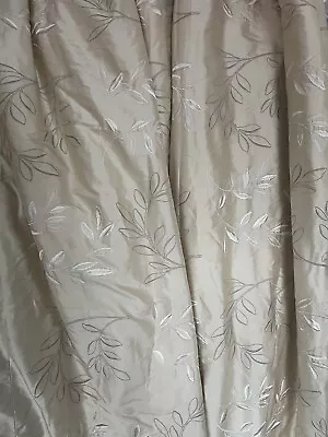 PAIR IVORY LEAVES EMBROIDERED SILKY THICK CURTAINS WOOL INTERLINED HANDMADE Vgc • £128