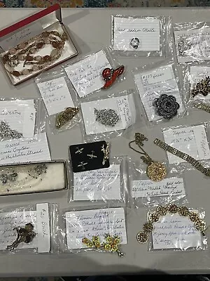 16 Vintage Costume Jewelry Brooch Lot Pins Rhinestone Necklaces Bracelets Signed • $10.50