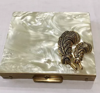 Vintage Mother Of Pearl With Gold Tone Feather Accent Powder Compact Mirror • $5
