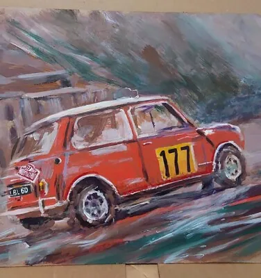 Auto Original Painting 1967 Mini Cooper Race Car Rally Monte Carlo Retro Artwork • $199