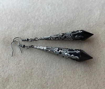 Black Faceted Teardrop Gunmetal Black Filigree Gothic Drop Earrings In Gift Bag • $5.91