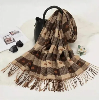 Women Heart & Plaid Print Fringe Trim Brown Scarf Cosy Soft Autumn/winter Scarf • £9.99