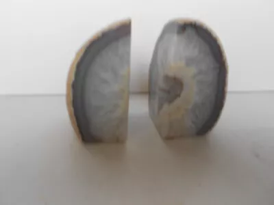 Natural Agate Bookends Crystal Quartz Geode Gray/Cream Polished Rock • $23.99