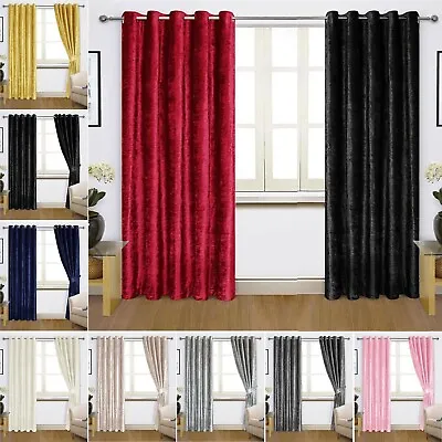 Crushed Velvet Ready Made Eyelet Ring Top Curtains Fully Lined Pair With Tieback • £29.99