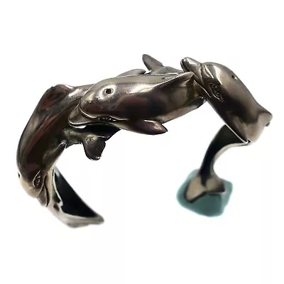 Vintage KABANA Sterling Silver Swimming Dolphin 6.5 Inch Cuff Bracelet • $256.75