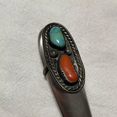 Navajo Coral Turquoise Silver Vintage Ring • $17.50