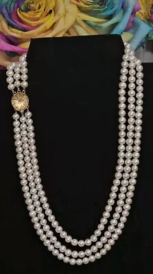 Estate Vintage 14k Gold Fancy Clasp Triple Strand Freshwater Pearl Necklace 16  • $149.99