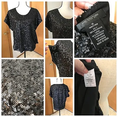 MM Couture Miss Me M Black Sequined Cap Sleeve Blouse Holiday Party Evening • $10