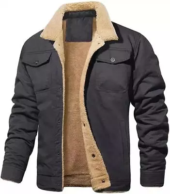 Men Fleece Lined Cargo Jacket Warm Coat Trucker Sherpa Fur Collar Lapel Outwear • $34.99