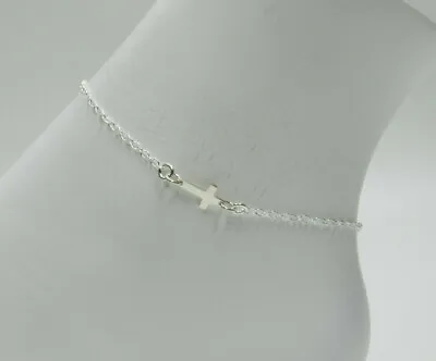 Sideways Small Cross Ankle Bracelet Christian Anklet Gift - 925 Sterling Silver • $13.99