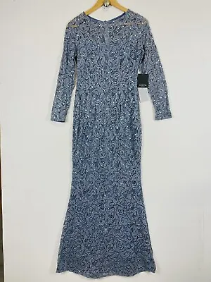 Marina  Cornflower Blue Sequin Lace Long Sleeve Gown Dress Womens Small NEW • $39.99