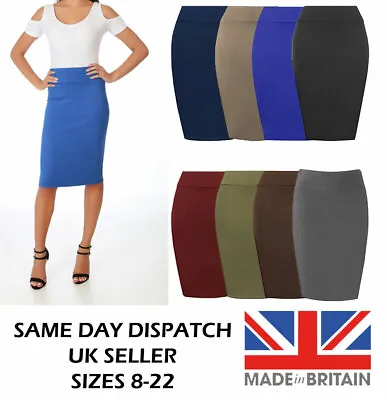 Women's Midi Pencil Skirt Ladies Plain Jersey Bodycon Tube Size 8-22 • £7.99