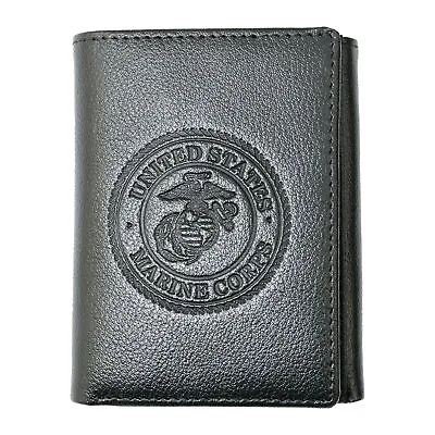 US Marine Corps Logo Genuine RFID Protection Leather TRIFOLD Wallet (Black) • $22.99