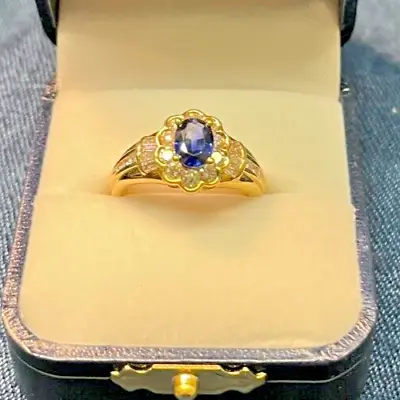 14K Oval Sapphire Round & Baguette Diamond Ring Size 8 • $301.12