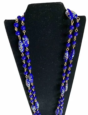 Vintage Necklace Cobalt Blue Venetian Italy Glass Bead Millefiore 24” L • $94.99