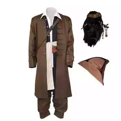 Pirates Of The Caribbean Cosplay Captain Jack Sparrow Costume Jacket Hat Wig • $172.05